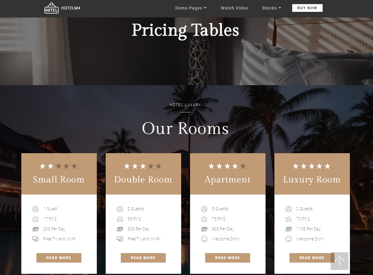 Pricing Tables Hotel Website Theme
